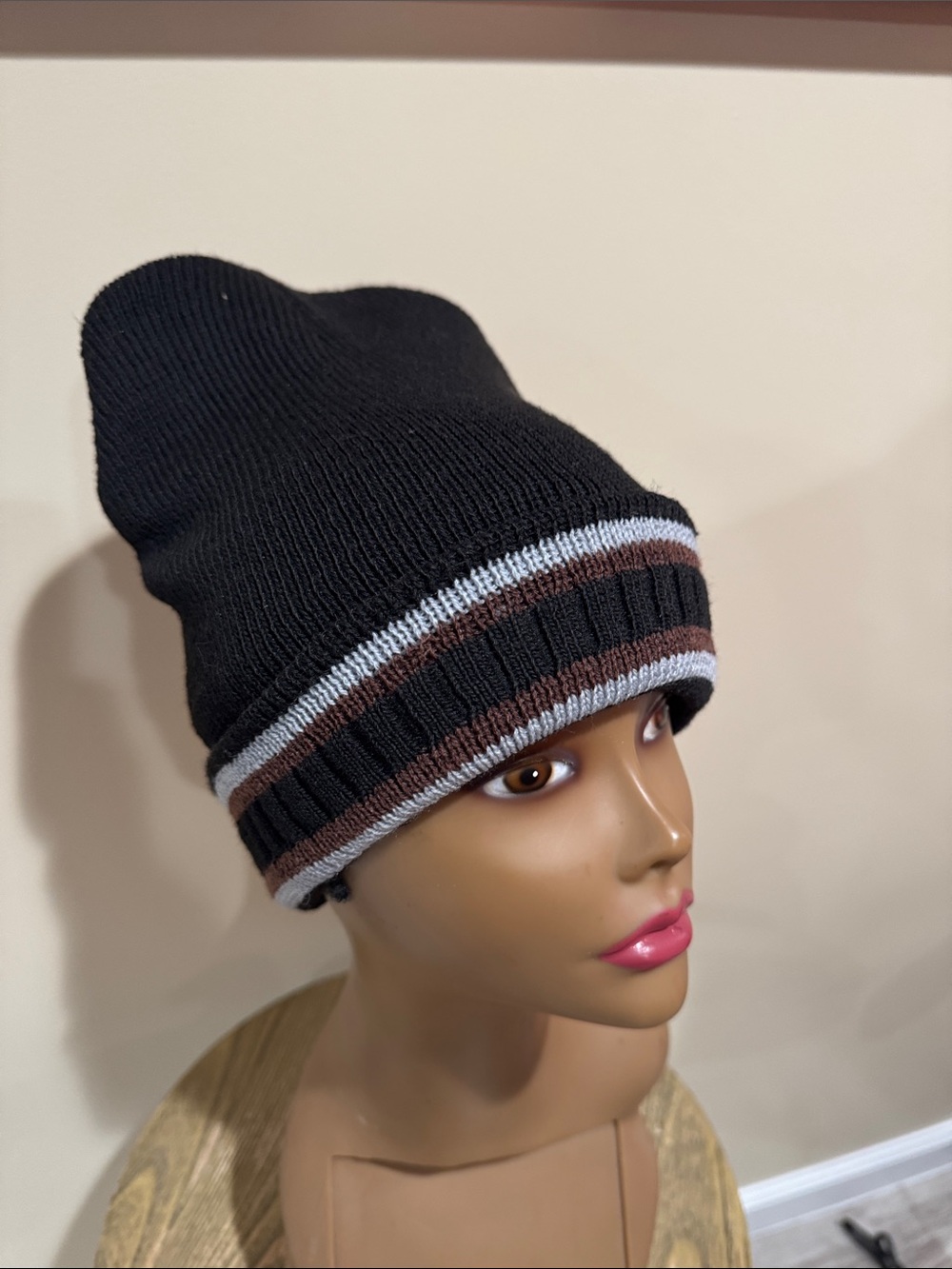 Men's Black Knit Beanie with Brown and White Stripes